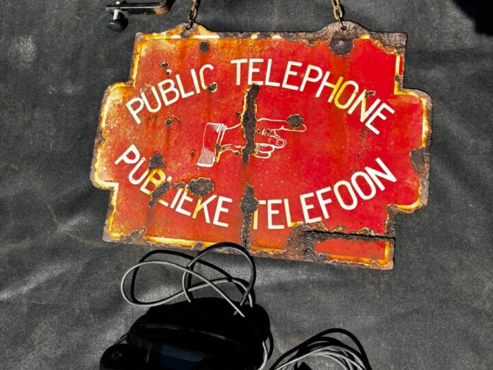 Enamel Public Telephone Sign – English & Afrikaans, with Hanging Bracket and Wind-Up Telephone